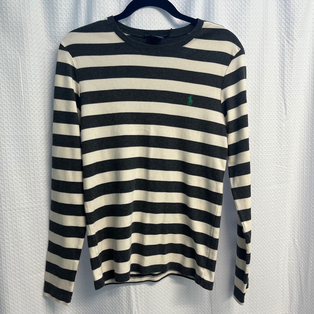 Ralph Lauren Sport Womens XL Charcoal White Striped Cotton Crew Neck Top Pony